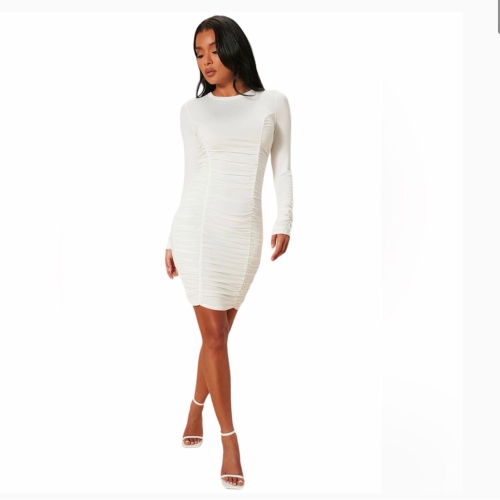 White Mini Ruched Stretch Dress - Picture 2 of 5